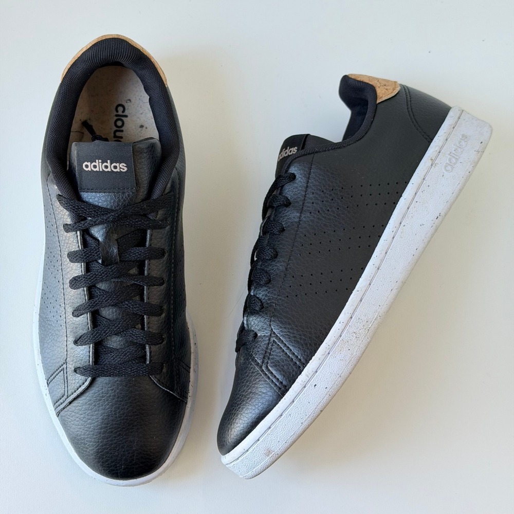 Adidas Advantage Base‎ Mens 7.5 Black Leather Sneakers Retro Low Top Minimalist